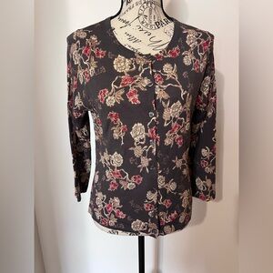 Garnet Hill Merino Wool Organic Cotton Floral Cardigan Gray Red Medium